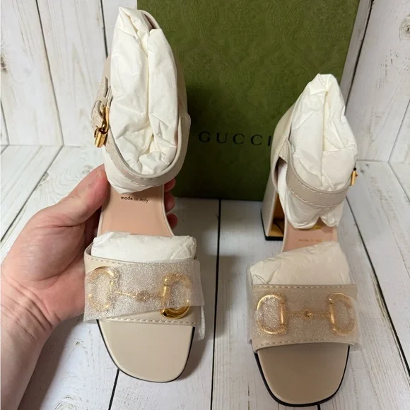 Gucci Nappa Horsebit Cross Strap Sandals Mystic White Sz 40.5 / 10.5 - Picture 9 of 14